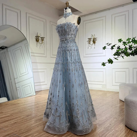 2025 Arabic A-Line Elegant Strapless Blue Saudi Evening Gown Luxury Beaded Dress for Formal Occasion LA72717