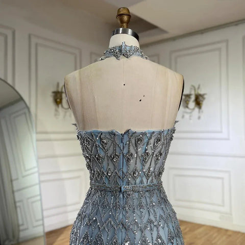 2025 Arabic A-Line Elegant Strapless Blue Saudi Evening Gown Luxury Beaded Dress for Formal Occasion LA72717