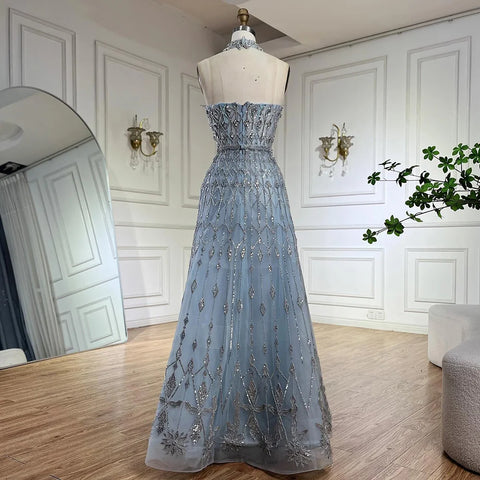 2025 Arabic A-Line Elegant Strapless Blue Saudi Evening Gown Luxury Beaded Dress for Formal Occasion LA72717