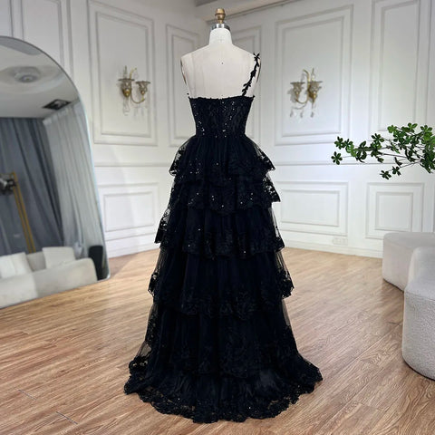 2025 Arabic Black Elegant One-Shoulder Tiered A-Line Lace Luxury Prom Dress for Women's Party LA72632