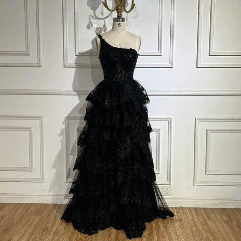 2025 Arabic Black Elegant One-Shoulder Tiered A-Line Lace Luxury Prom Dress for Women's Party LA72632