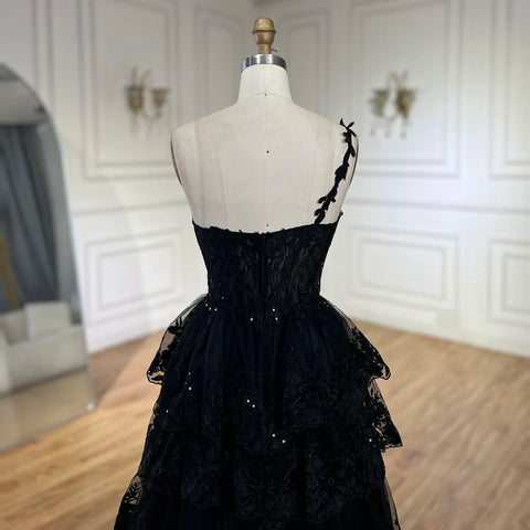 2025 Arabic Black Elegant One-Shoulder Tiered A-Line Lace Luxury Prom Dress for Women's Party LA72632
