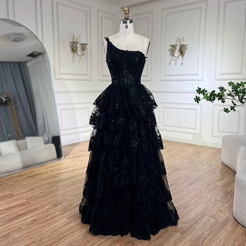 2025 Arabic Black Elegant One-Shoulder Tiered A-Line Lace Luxury Prom Dress for Women's Party LA72632