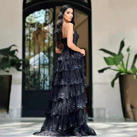 2025 Arabic Black Elegant One-Shoulder Tiered Side Split A-Line Lace Luxury Prom Dress for Women's Party LA72647