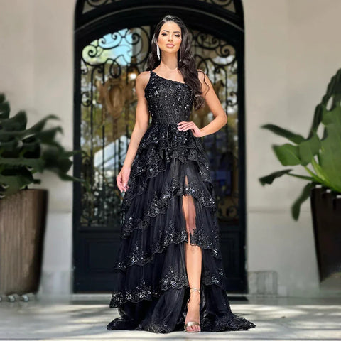 2025 Arabic Black Elegant One-Shoulder Tiered Side Split A-Line Lace Luxury Prom Dress for Women's Party LA72647