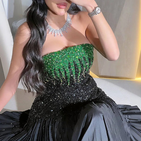 2025 Arabic Black Green Mermaid Strapless Ankle Length Beaded Luxury Evening Dresses For Woman Wedding Party LA72406