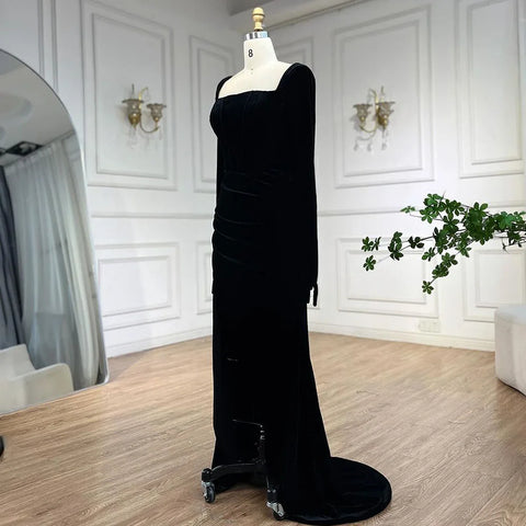 2025 Arabic Black Velvet With Gloves Mermaid Luxury Dubai Evening Dresses Gowns for Women Wedding Party LA72530