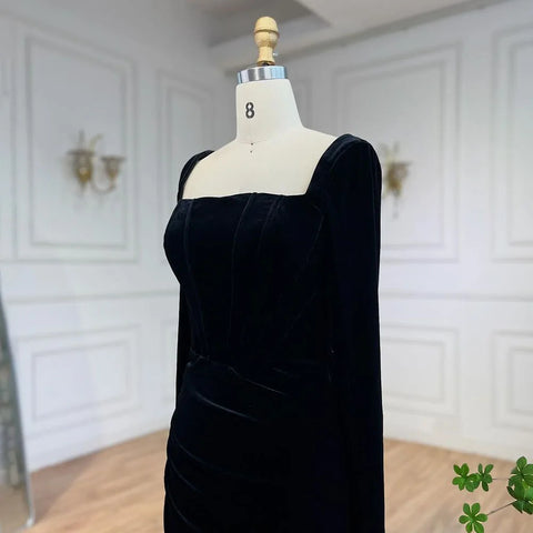 2025 Arabic Black Velvet With Gloves Mermaid Luxury Dubai Evening Dresses Gowns for Women Wedding Party LA72530