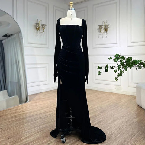 2025 Arabic Black Velvet With Gloves Mermaid Luxury Dubai Evening Dresses Gowns for Women Wedding Party LA72530