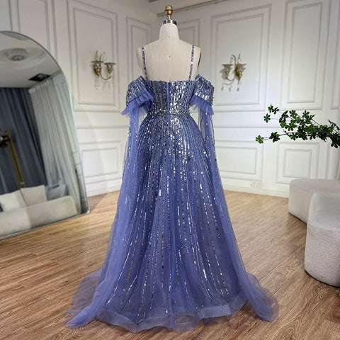 2025 Arabic Blue A-Line Elegant Beaded Luxury Evening Gowns for Women with Detachable Cape Sleeves Party LA72638