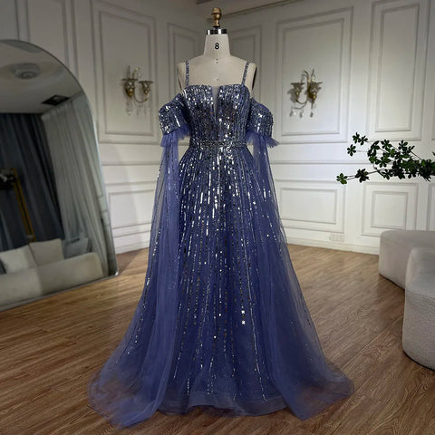 2025 Arabic Blue A-Line Elegant Beaded Luxury Evening Gowns for Women with Detachable Cape Sleeves Party LA72638