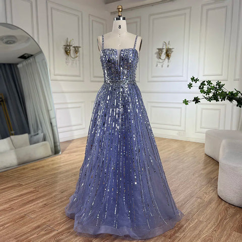 2025 Arabic Blue A-Line Elegant Beaded Luxury Evening Gowns for Women with Detachable Cape Sleeves Party LA72638