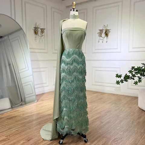 2025 Arabic Blue Ankle-Length Mermaid Long Cloak Beaded Luxury Evening Dresses Gowns for Women Wedding Party LA72435