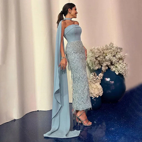 2025 Arabic Blue Ankle-Length Mermaid Long Cloak Beaded Luxury Evening Dresses Gowns for Women Wedding Party LA72435