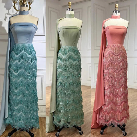 2025 Arabic Blue Ankle-Length Mermaid Long Cloak Beaded Luxury Evening Dresses Gowns for Women Wedding Party LA72435