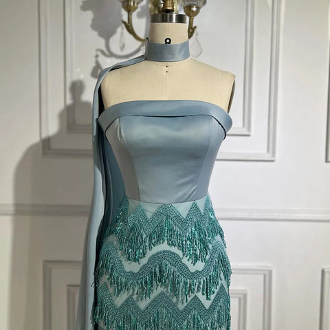 2025 Arabic Blue Ankle-Length Mermaid Long Cloak Beaded Luxury Evening Dresses Gowns for Women Wedding Party LA72435