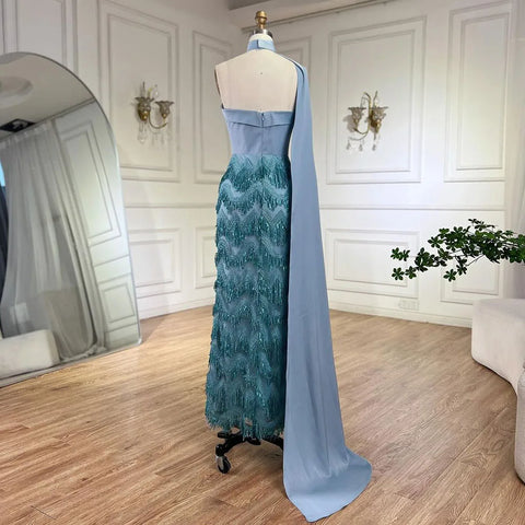 2025 Arabic Blue Ankle-Length Mermaid Long Cloak Beaded Luxury Evening Dresses Gowns for Women Wedding Party LA72435