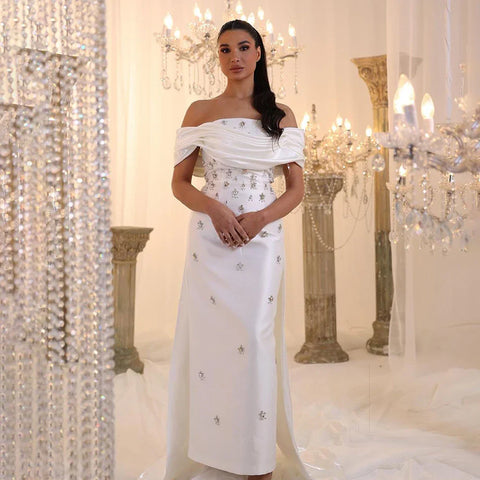 2025 Arabic Blue Beaded Crystal Ankle-Length Mermaid Satin Evening Dresses Gowns for Women Wedding Party LA72414A