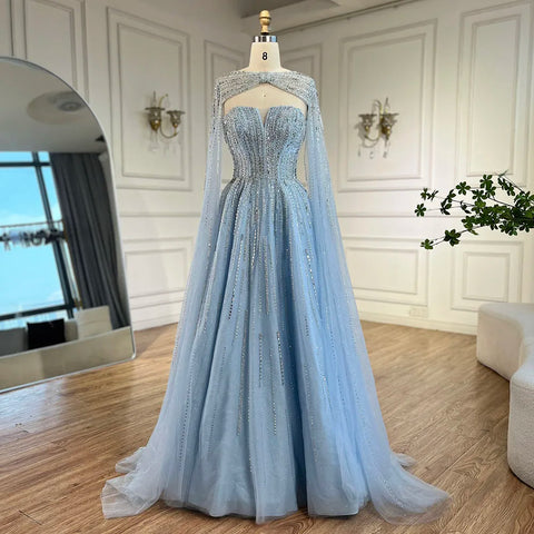 2025 Arabic Blue Cape Sleeves A-Line Beaded Evening Dresses Long Celebrity Gowns for Women Wedding Party LA72427