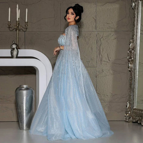 2025 Arabic Blue Cape Sleeves A-Line Beaded Evening Dresses Long Celebrity Gowns for Women Wedding Party LA72427