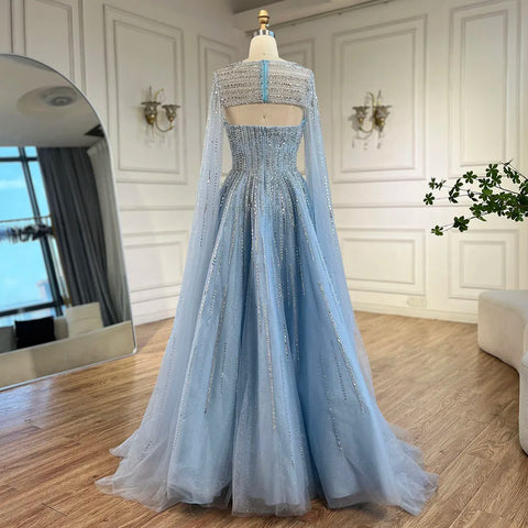 2025 Arabic Blue Cape Sleeves A-Line Beaded Evening Dresses Long Celebrity Gowns for Women Wedding Party LA72427