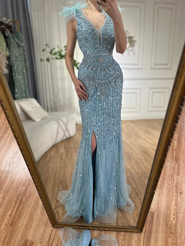 2025 Arabic Blue Elegant Split Mermaid Beaded Feathers Long Evening Dresses Gowns for Formal Occasion LA72742