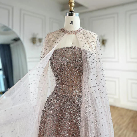 2025 Arabic Blue Luxury Dubai Evening Gown A-Line Elegant Cape Sleeves Beaded Dress for Women's Party LA72659 Plush Size