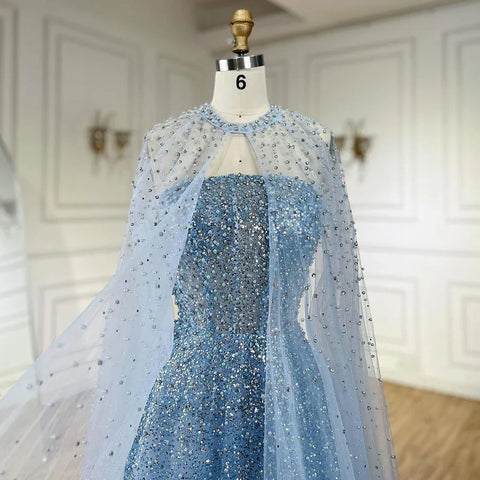 2025 Arabic Blue Luxury Dubai Evening Gown A-Line Elegant Cape Sleeves Beaded Dress for Women's Party LA72659 Plush Size