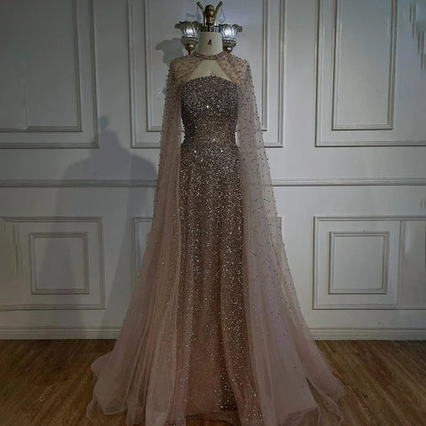 2025 Arabic Blue Luxury Dubai Evening Gown A-Line Elegant Cape Sleeves Beaded Dress for Women's Party LA72659 Plush Size