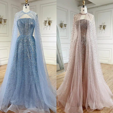 2025 Arabic Blue Luxury Dubai Evening Gown A-Line Elegant Cape Sleeves Beaded Dress for Women's Party LA72659 Plush Size