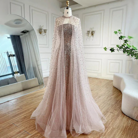 2025 Arabic Blue Luxury Dubai Evening Gown A-Line Elegant Cape Sleeves Beaded Dress for Women's Party LA72659 Plush Size