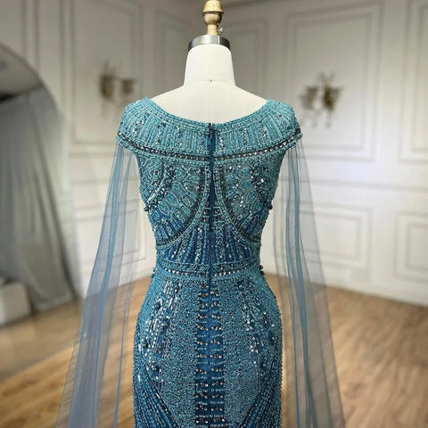 2025 Arabic Blue Mermaid Elegant Cape Sleeves Beaded Luxury Evening Dresses Gowns for Women Wedding Party LA72423