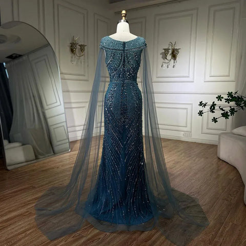 2025 Arabic Blue Mermaid Elegant Cape Sleeves Beaded Luxury Evening Dresses Gowns for Women Wedding Party LA72423