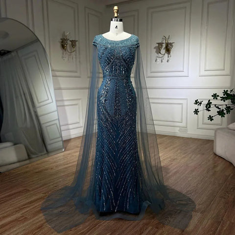 2025 Arabic Blue Mermaid Elegant Cape Sleeves Beaded Luxury Evening Dresses Gowns for Women Wedding Party LA72423