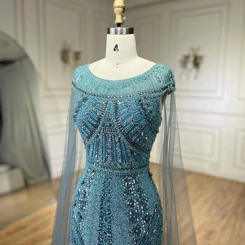 2025 Arabic Blue Mermaid Elegant Cape Sleeves Beaded Luxury Evening Dresses Gowns for Women Wedding Party LA72423