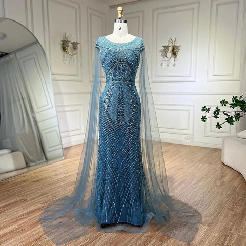 2025 Arabic Blue Mermaid Elegant Cape Sleeves Beaded Luxury Evening Dresses Gowns for Women Wedding Party LA72423