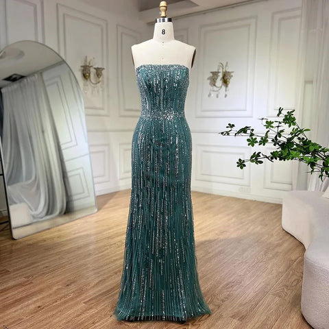 2025 Arabic Blue Mermaid Luxury Evening Gown Strapless With Gloves Beaded Party Dress for Women's Wedding LA71950