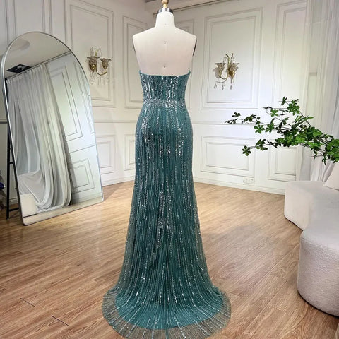 2025 Arabic Blue Mermaid Luxury Evening Gown Strapless With Gloves Beaded Party Dress for Women's Wedding LA71950