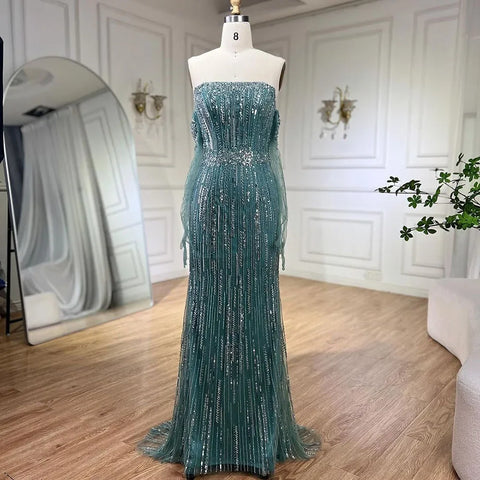 2025 Arabic Blue Mermaid Luxury Evening Gown Strapless With Gloves Beaded Party Dress for Women's Wedding LA71950