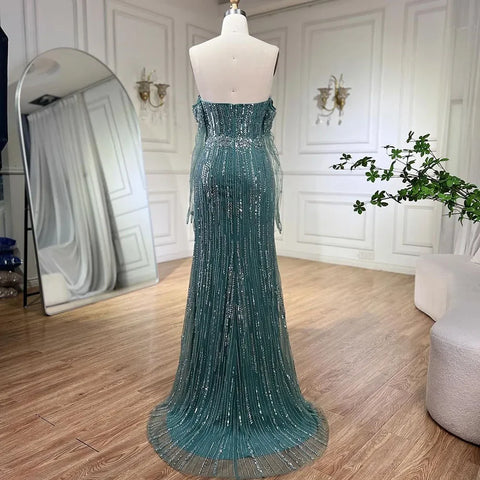 2025 Arabic Blue Mermaid Luxury Evening Gown Strapless With Gloves Beaded Party Dress for Women's Wedding LA71950