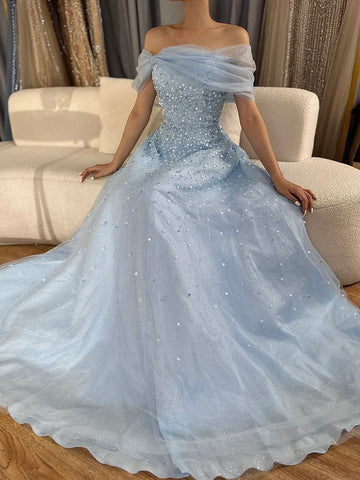 2025 Arabic Blue Off The Shoulder Beaded Elegant A-Line Long Evening Dresses Gowns for Formal Occasion LA72009A