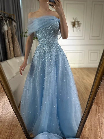 2025 Arabic Blue Off The Shoulder Beaded Elegant A-Line Long Evening Dresses Gowns for Formal Occasion LA72009A