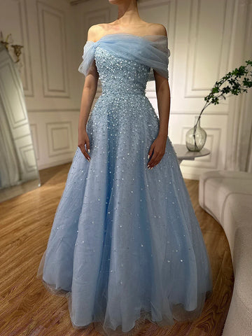 2025 Arabic Blue Off The Shoulder Beaded Elegant A-Line Long Evening Dresses Gowns for Formal Occasion LA72009A