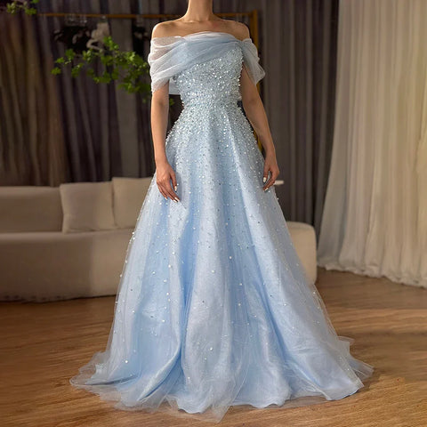 2025 Arabic Blue Off The Shoulder Beaded Elegant A-Line Long Evening Dresses Gowns for Formal Occasion LA72009A