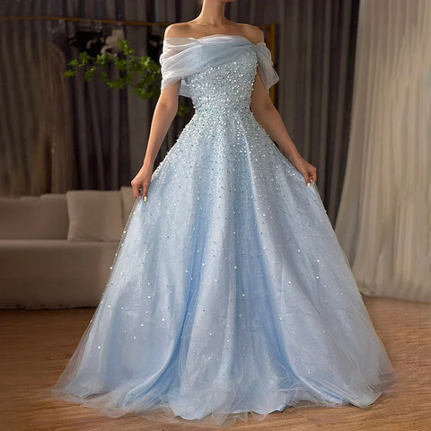 2025 Arabic Blue Off The Shoulder Beaded Elegant A-Line Long Evening Dresses Gowns for Formal Occasion LA72009A