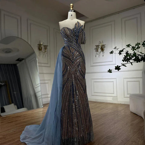 2025 Arabic Blue One Shoulder Luxury Dubai Evening Gown with Side Overskirt Beaded Dress for Women's Party LA72662
