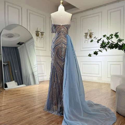 2025 Arabic Blue One Shoulder Luxury Dubai Evening Gown with Side Overskirt Beaded Dress for Women's Party LA72662