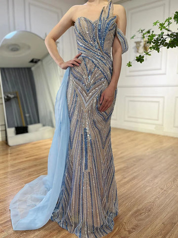 2025 Arabic Blue One Shoulder Luxury Dubai Evening Gown with Side Overskirt Beaded Dress for Women's Party LA72662