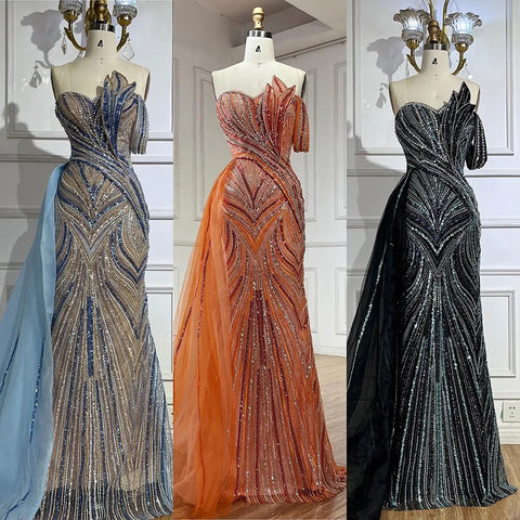 2025 Arabic Blue One Shoulder Luxury Dubai Evening Gown with Side Overskirt Beaded Dress for Women's Party LA72662