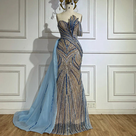 2025 Arabic Blue One Shoulder Luxury Dubai Evening Gown with Side Overskirt Beaded Dress for Women's Party LA72662